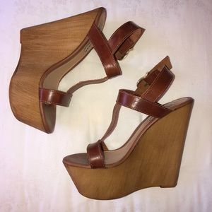 Steve Madden brown leather/wood wedges